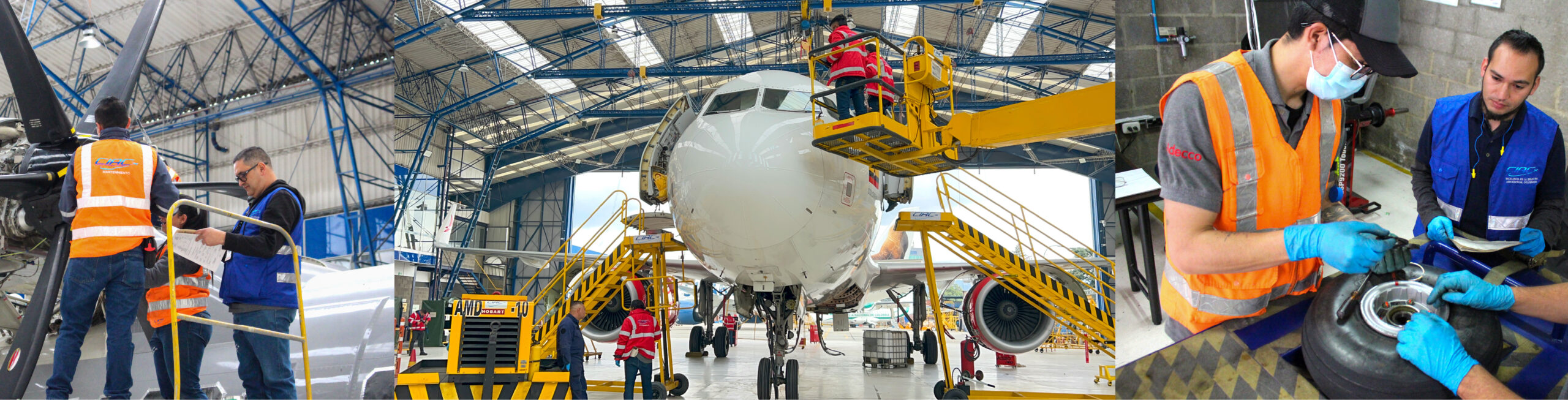 Técnicos e ingenieros aeronáuticos haciendo trabajos de mantenimiento